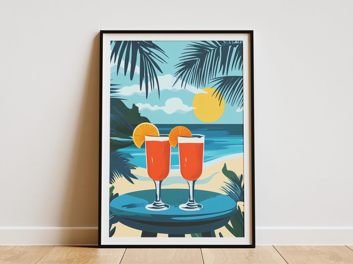 Tropical Beach Cocktails Poster with Two Sunset Drinks by the Ocean
