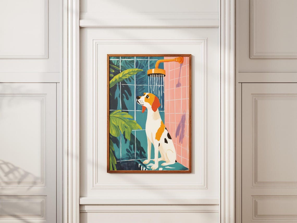 Beagle Dog Standing Under a Golden Tropical Showerhead Poster - Image 2