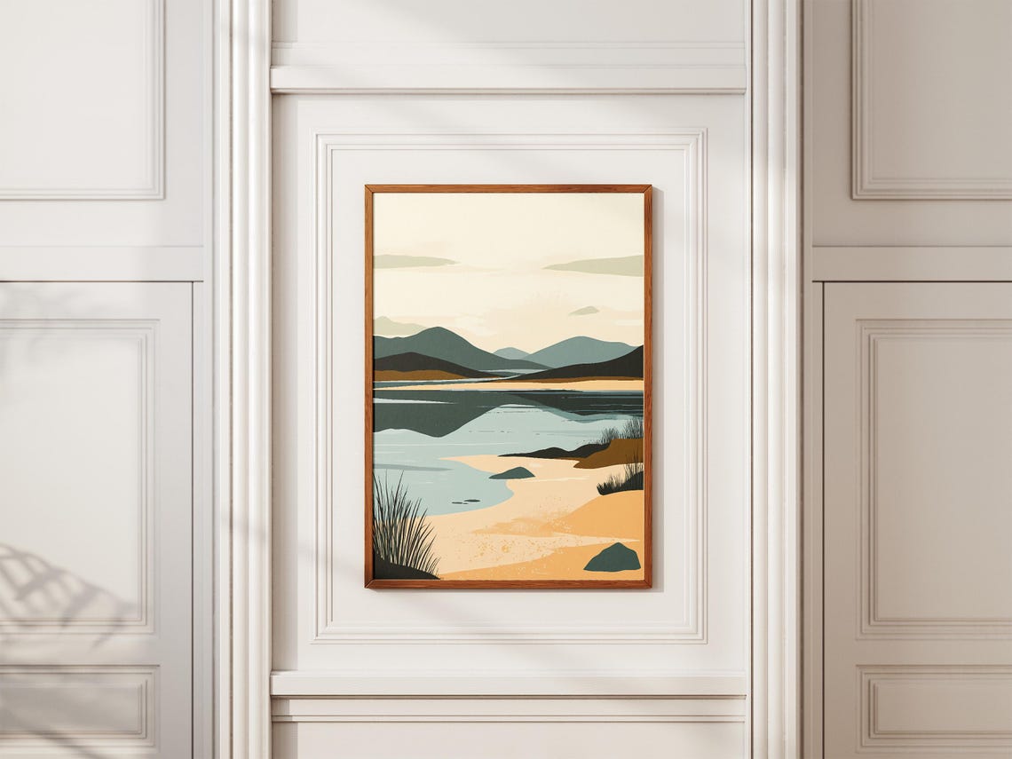 Calm Minimalist Beach With Mountain Reflection Landscape Poster - Image 2