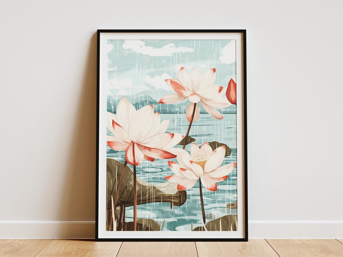 Lotus Flowers Summer Rain Pond Botanical Illustration Zen Poster