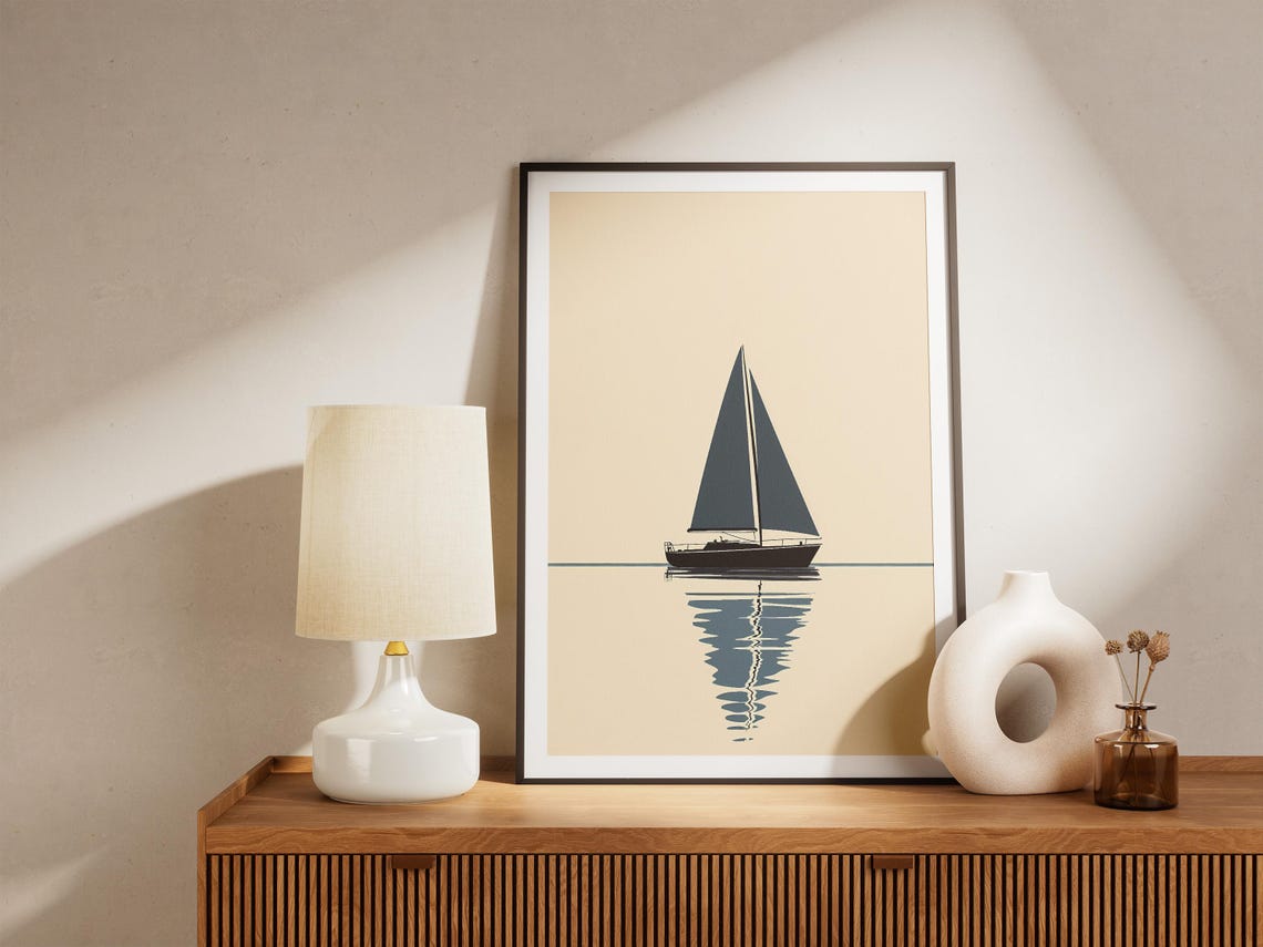 Minimalist Navy Sailboat on Calm Water Poster in Beige Tones - Image 5
