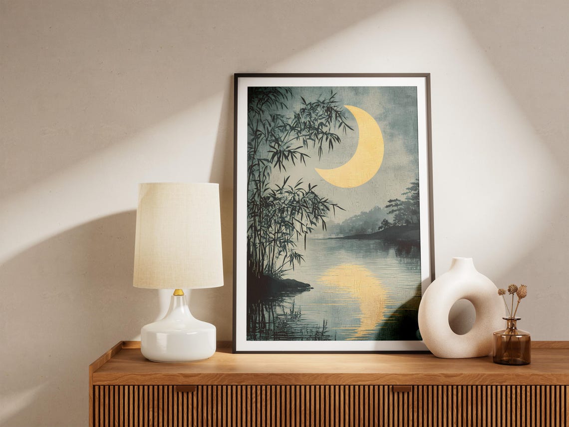 Crescent Moon Reflection Still Lake Bamboo Silhouette Poster - Image 5