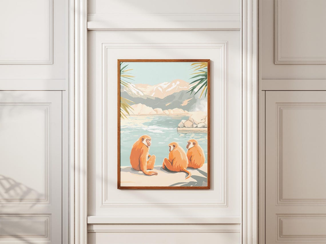 Japanese Snow Monkeys By Mountain Lake Wildlife Illustration Poster - Image 2