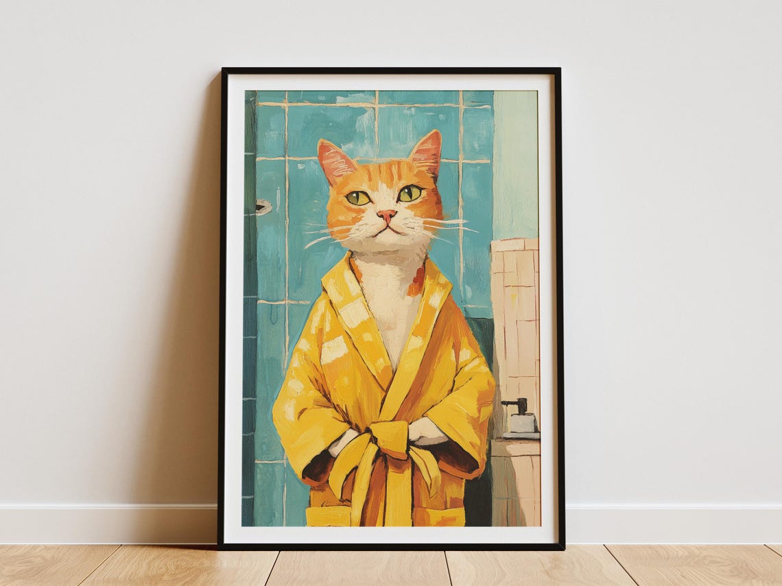 Confident Orange Tabby Cat Modeling a Sunny Yellow Bathrobe Poster