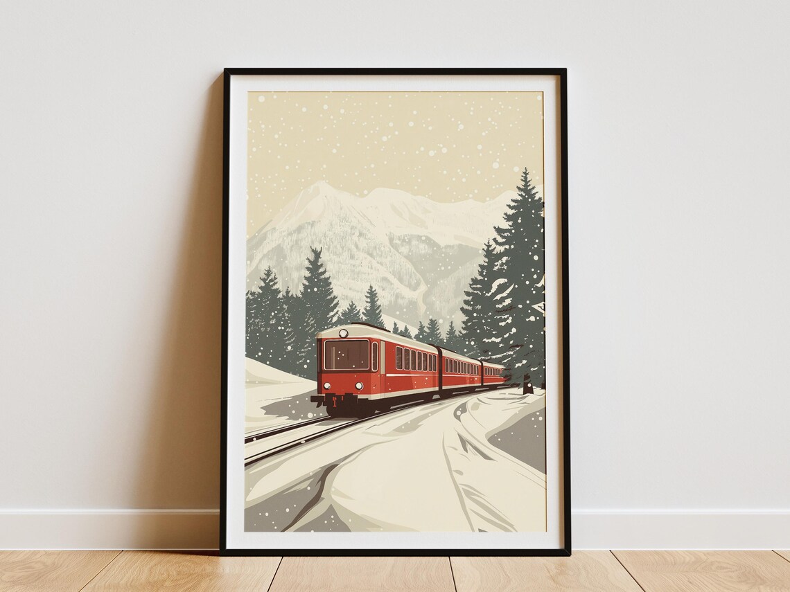 Vintage Red Train Crossing a Snowy Mountain Landscape Travel Poster