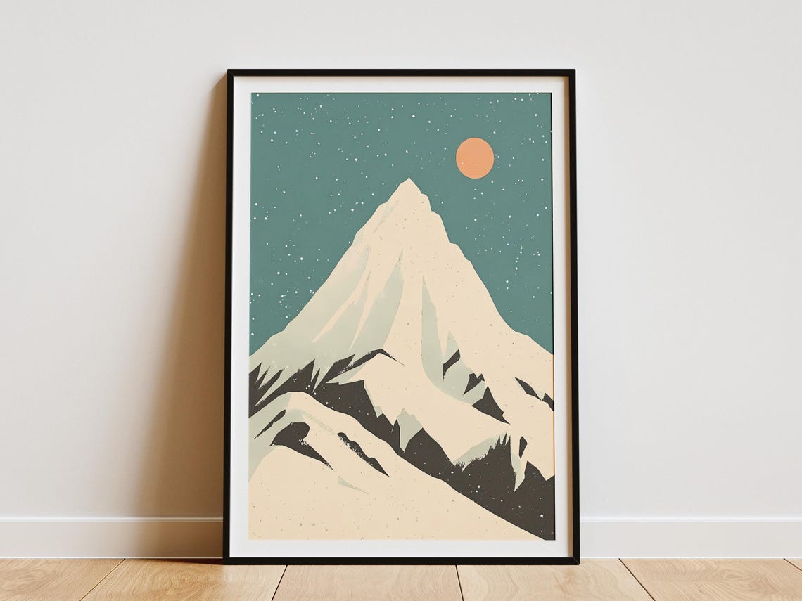 Minimalist Cream Mountain Peak Orange Sun Under Teal Starry Sky Poster