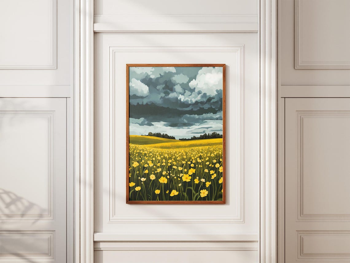 Buttercup Meadow Under Stormy Sky Dramatic Golden Landscape Poster - Image 2