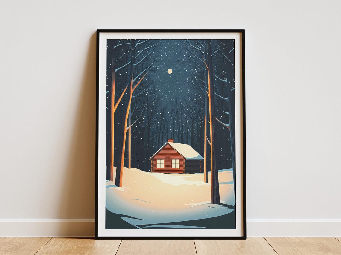 Cozy Red Cabin in a Snowy Moonlit Forest on a Winter Night Poster