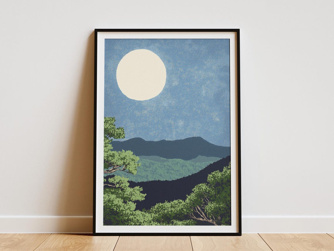 Shenandoah Full Moon Over Blue Mountain Ridges Night Art Poster