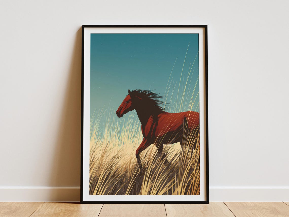 Wild Horse Running Through Golden Prairie Grass Sunset Poster