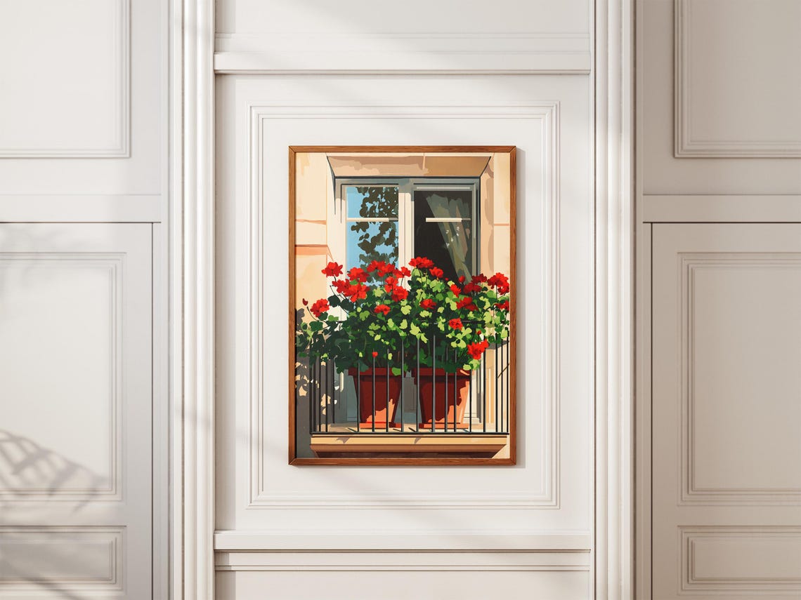 Red Geranium Balcony Pots Sunlit Window Planter Flower Poster - Image 2