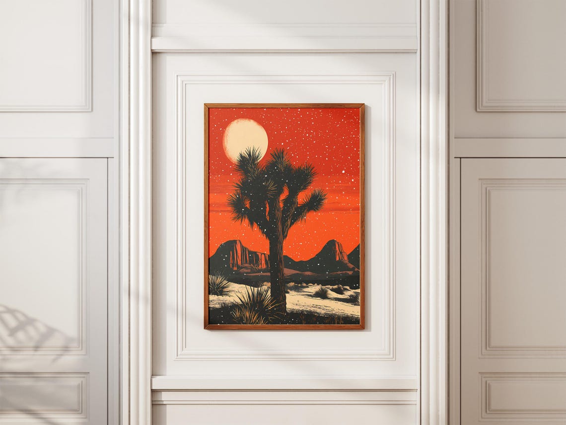 Joshua Tree Silhouette Under a Red Sky and Pale Moon Desert Poster - Image 2