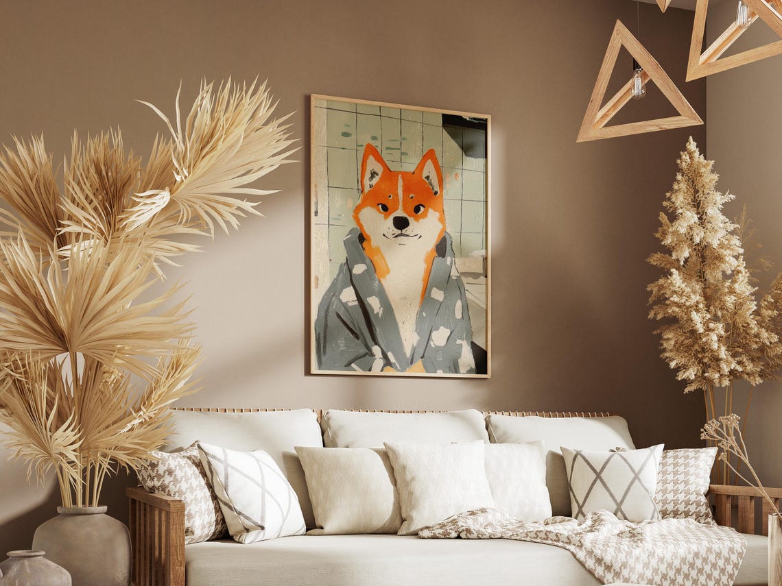 Shiba Inu in Grey Polka Dot Bathrobe Cute Bathroom Art Poster - Image 3
