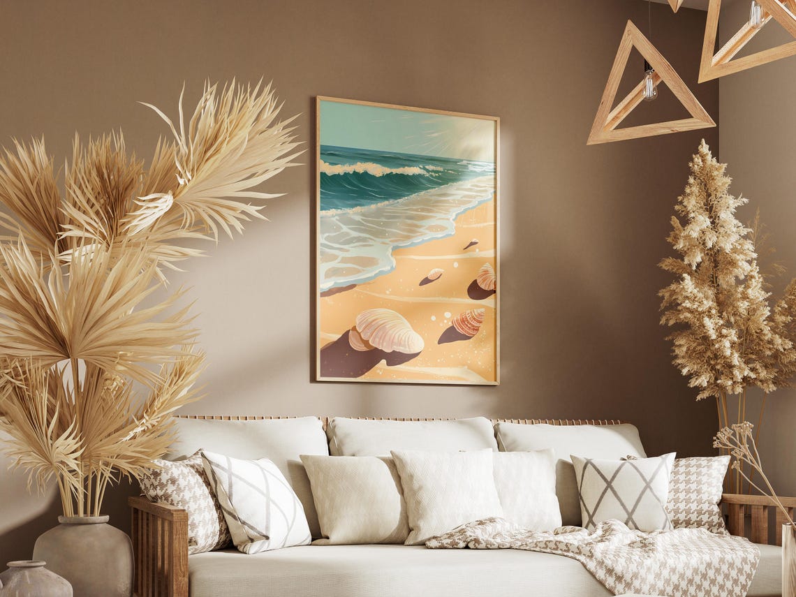Sandy Shore Seashells Summer Ocean Waves Illustration Poster - Image 3