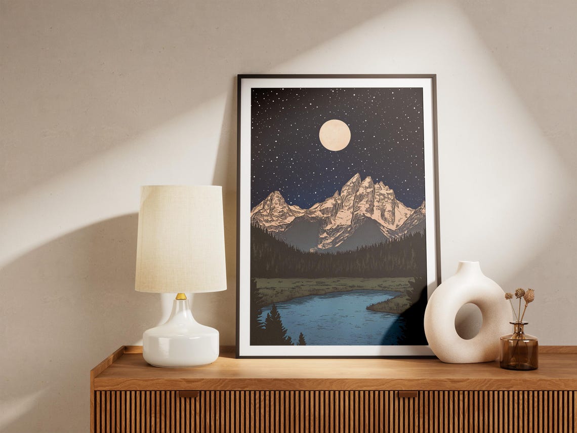 Grand Teton National Park Moonlit Peaks Over a River Night Art Poster - Image 4