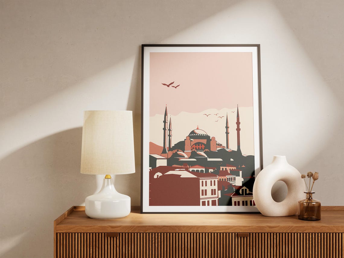 Hagia Sophia Mosque with Four Minarets in Terracotta Tones Poster - Image 5