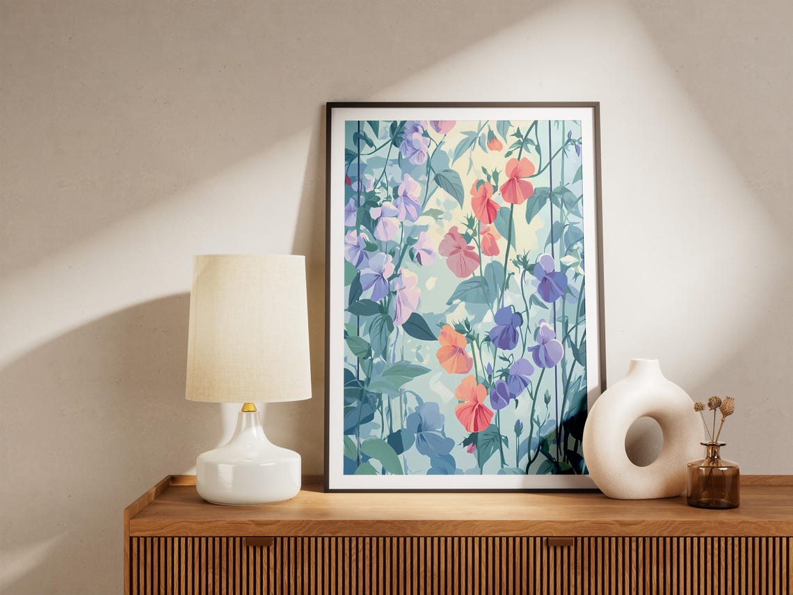 Pastel Sweet Pea Flowers Climbing a Garden Trellis Art Poster - Image 5