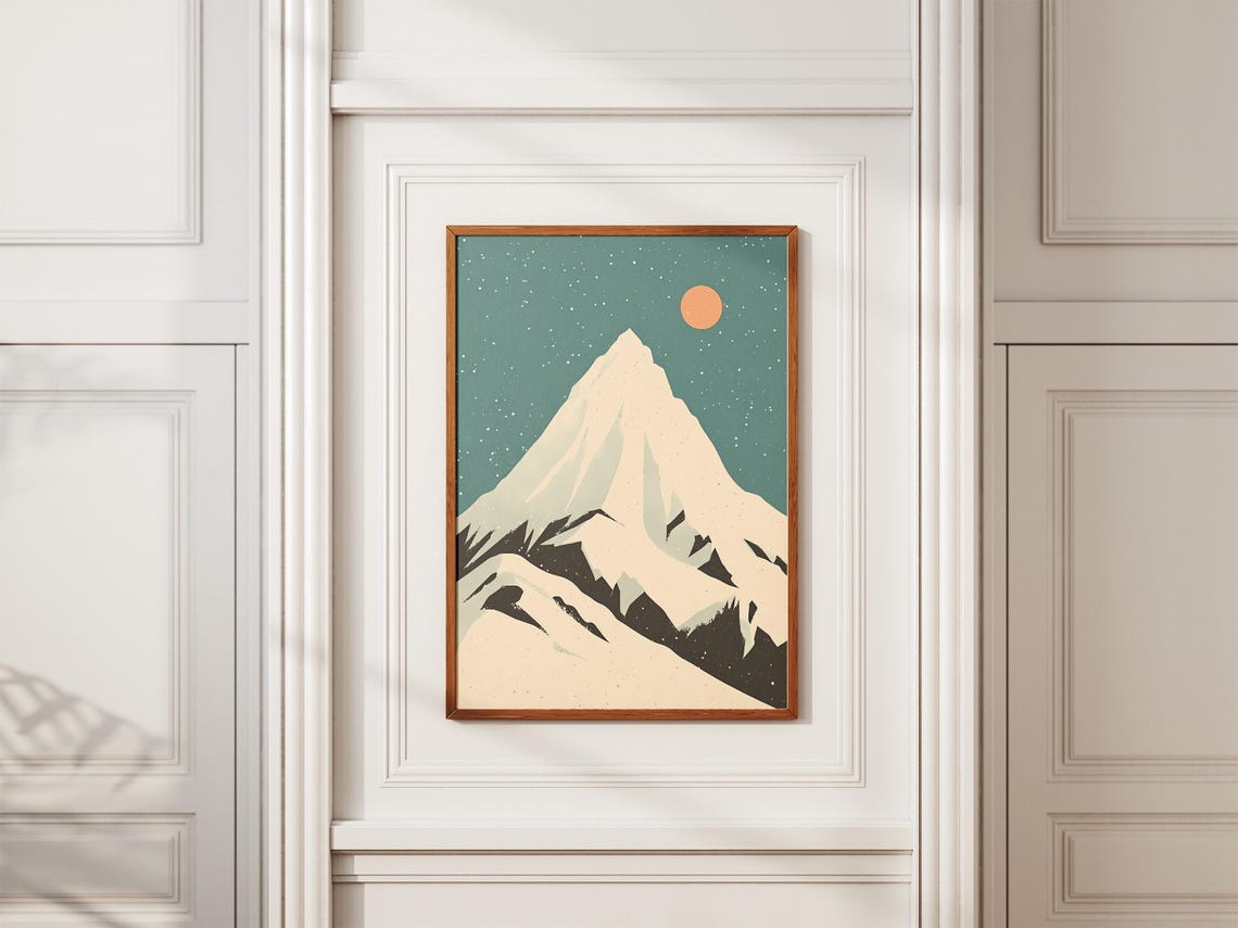 Minimalist Cream Mountain Peak Orange Sun Under Teal Starry Sky Poster - Image 2