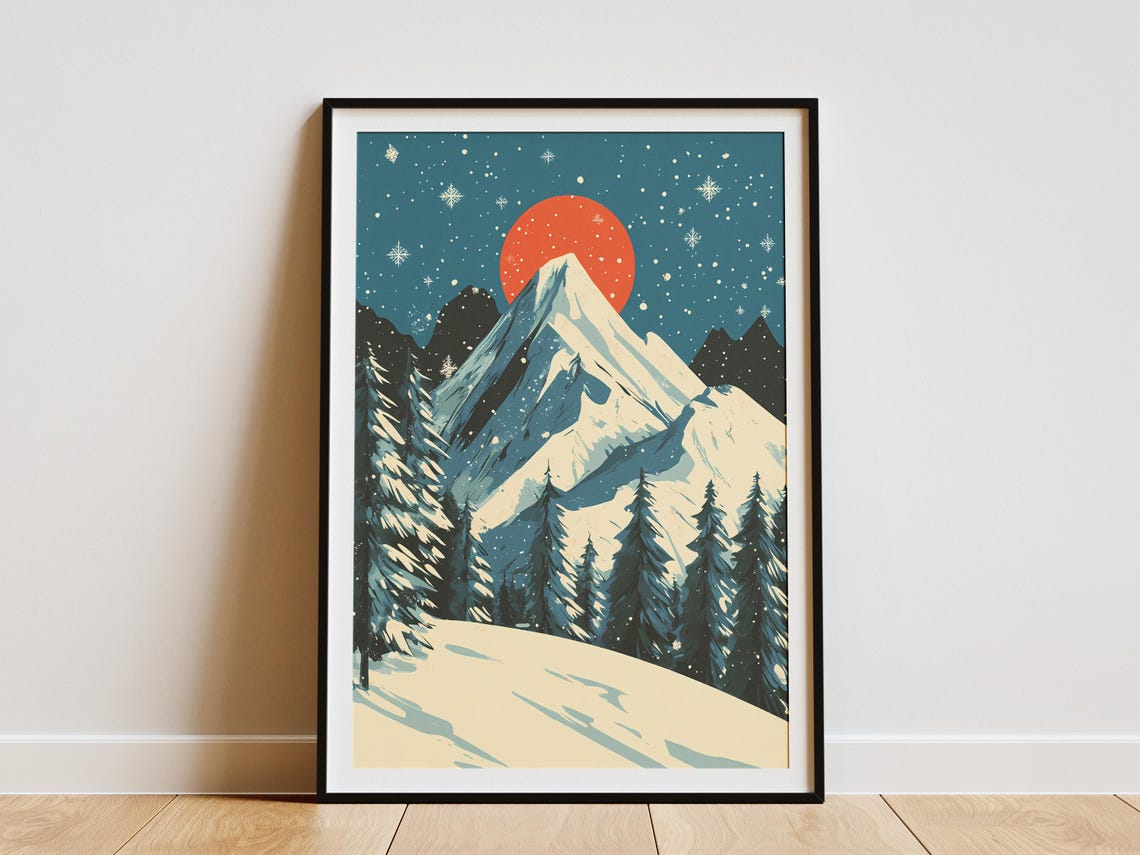 Giant Red Sun Over Snowy Mountain Peak Starry Teal Night Poster