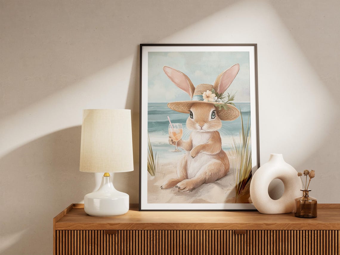 Cute Bunny in Straw Hat with Cocktail Beach Illustration Poster - Image 5