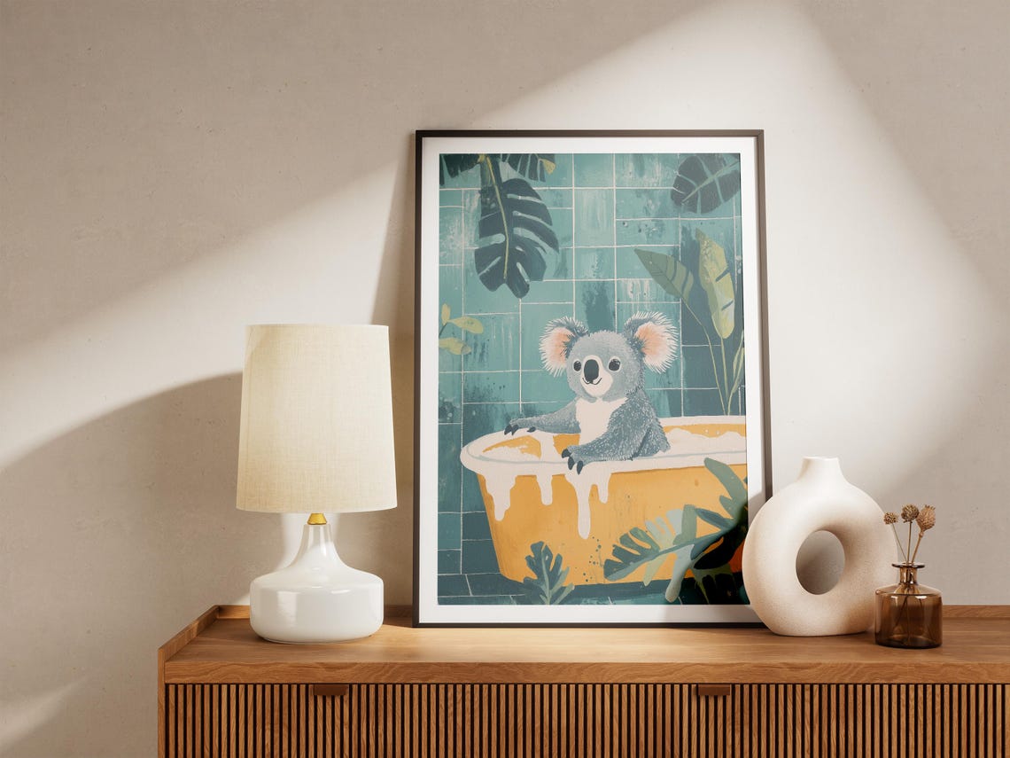 Cute Koala Soaking In Yellow Bubble Bath Tropical Bathroom Poster - Image 5