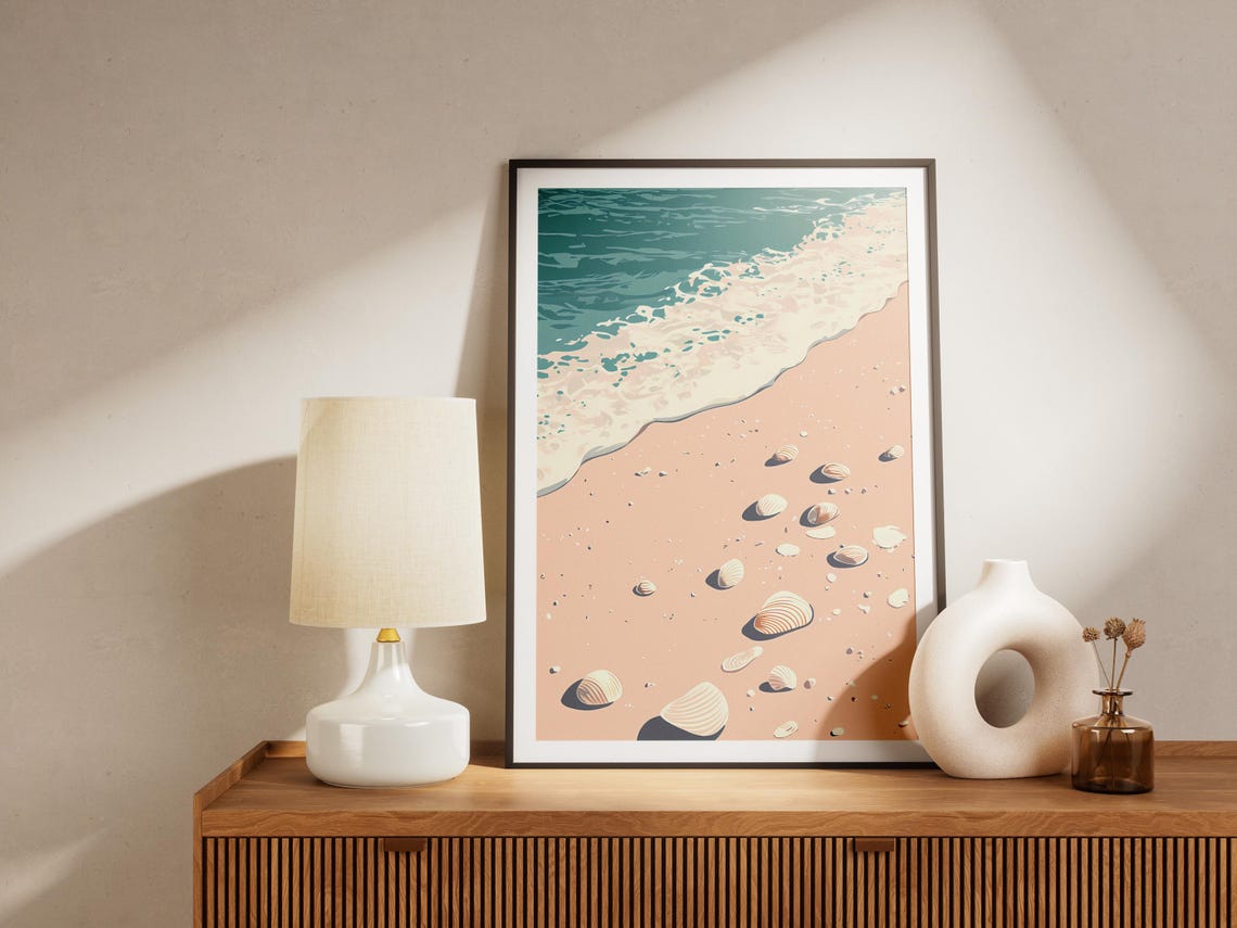Scattered Seashells on Shore Surf Teal Wave Coastal Summer Wall Art - Image 4