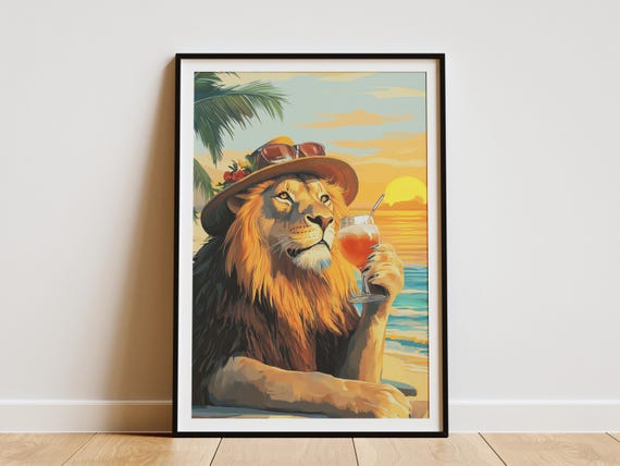 Lion Tropical Beach Sunset Cocktail Poster Summer Vacation Print Wildlife Animal Art Exotic Jungle Modern Home Decor Funny Cool