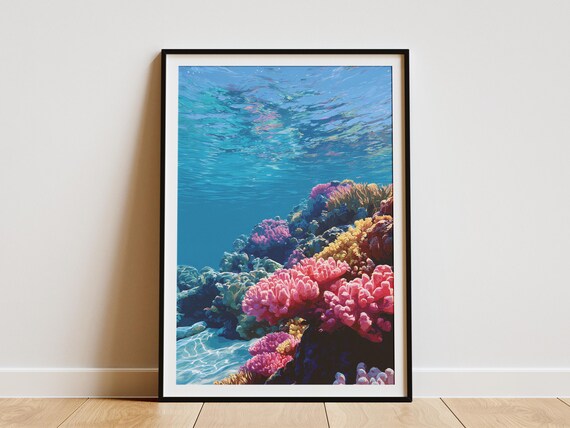 Underwater Coral Reef Panorama Poster Tropical Ocean Art Print Colorful Sea Life Wall Decor Hawaiian Style Coastal Home