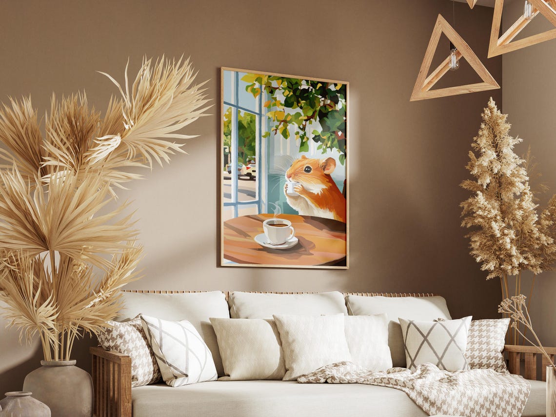 Tiny Hamster Sipping Coffee at a Cafe Table by Window Poster - Image 3