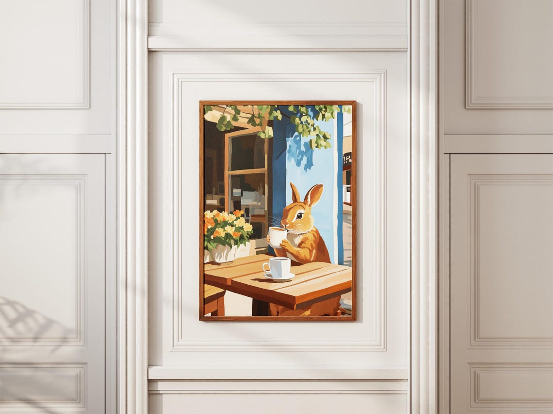 Rabbit Sipping Coffee At A Sunlit Outdoor Cafe Terrace Poster - Image 2