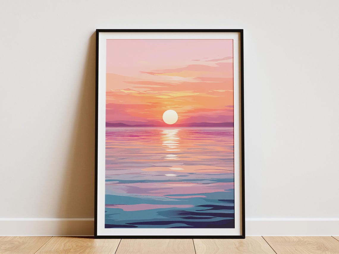 Pink and Orange Sunset Sun Reflecting on a Calm Ocean Sea Poster