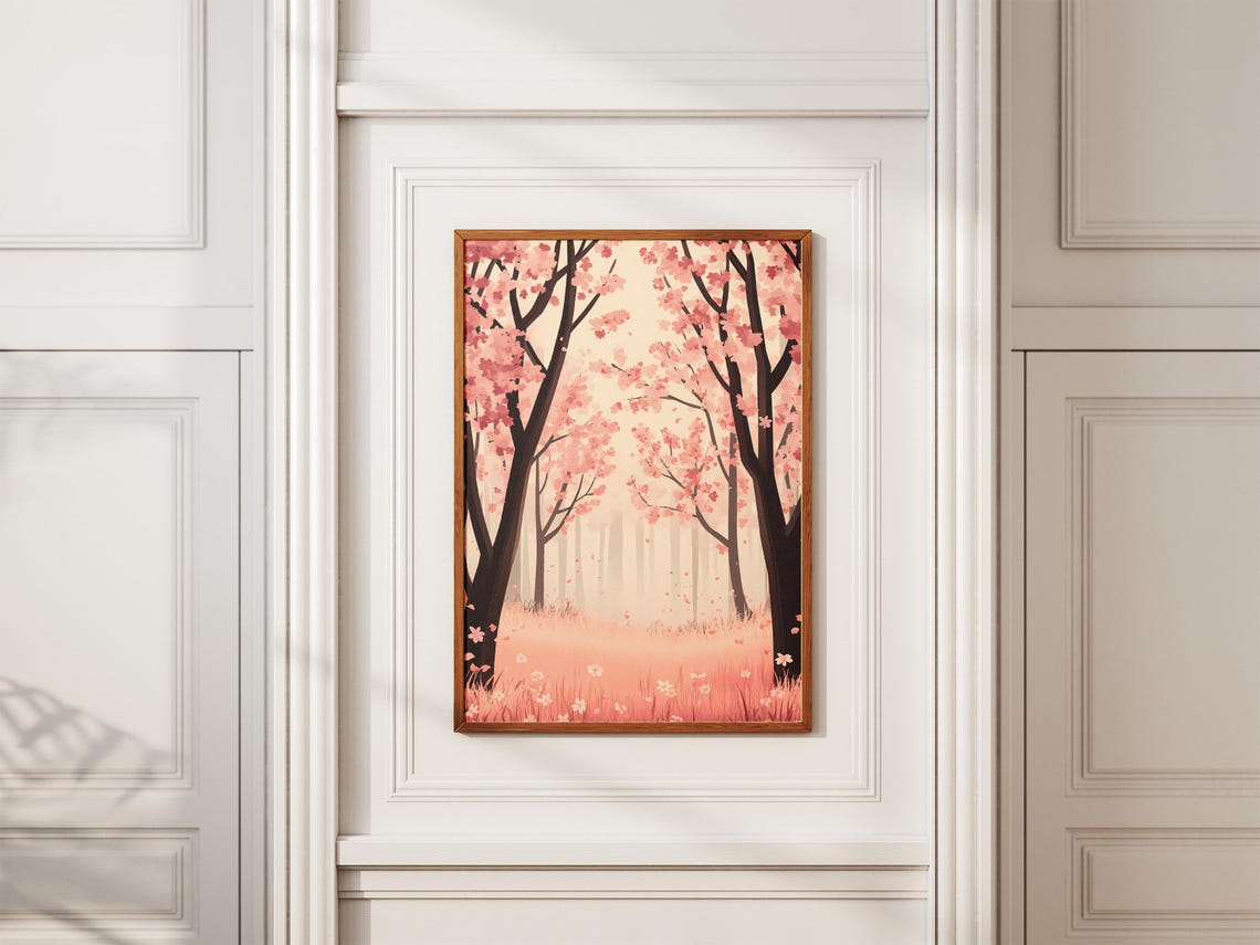 Pink Cherry Blossom Grove in Soft Misty Morning Light Art Poster - Image 2