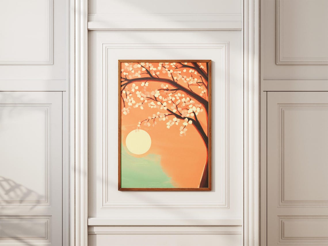 Blossom Branches with Rising Sun in a Peach Sky Abstract Art Poster - Image 2