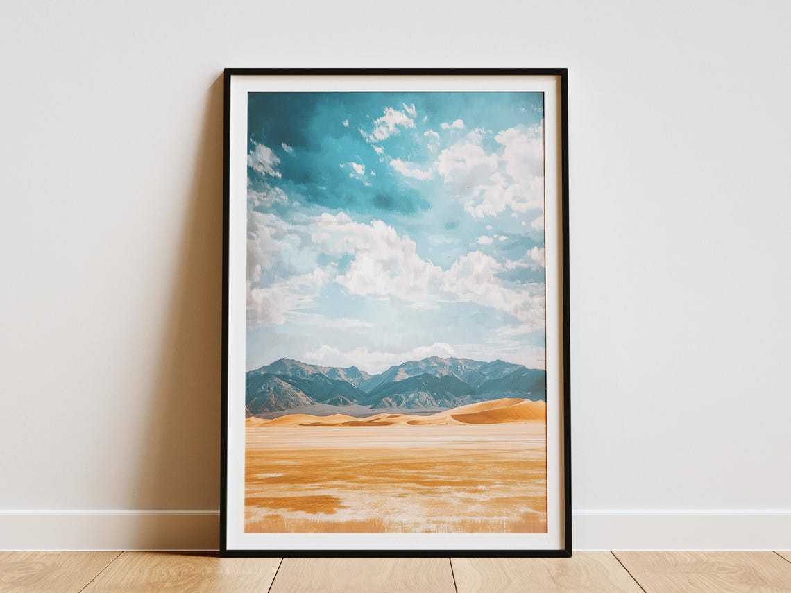 Golden Desert Dunes Mountain Horizon Cloudscape Landscape Poster