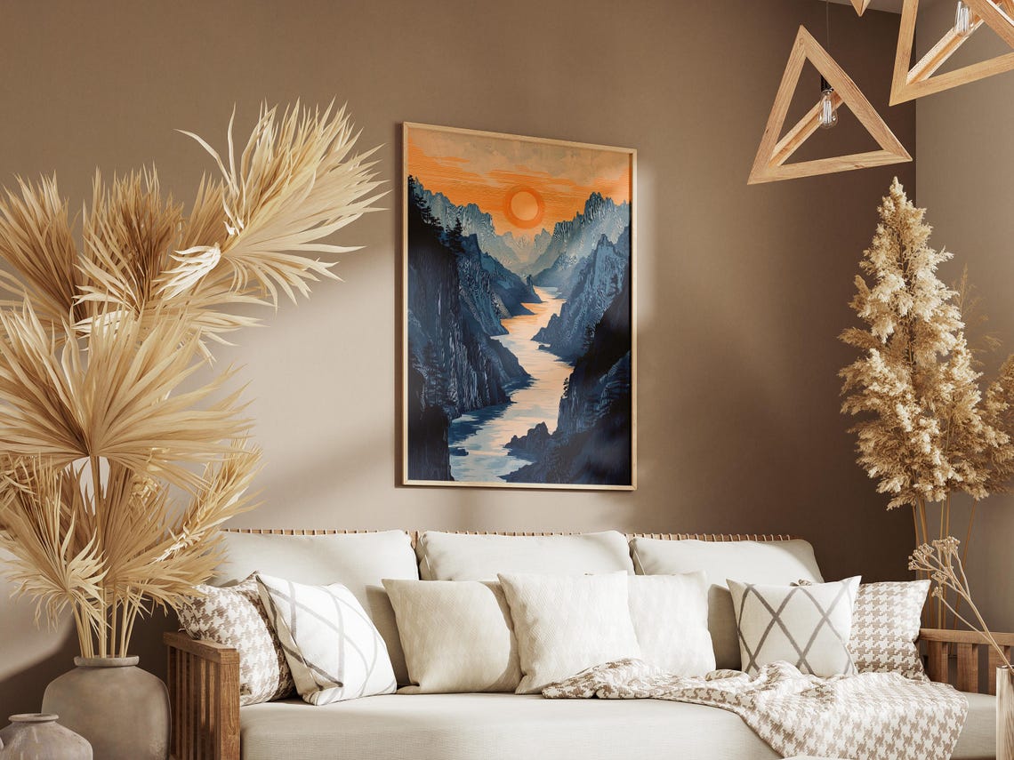 Golden Sunrise Over Misty Mountain River Valley Landscape Art Poster - Image 3