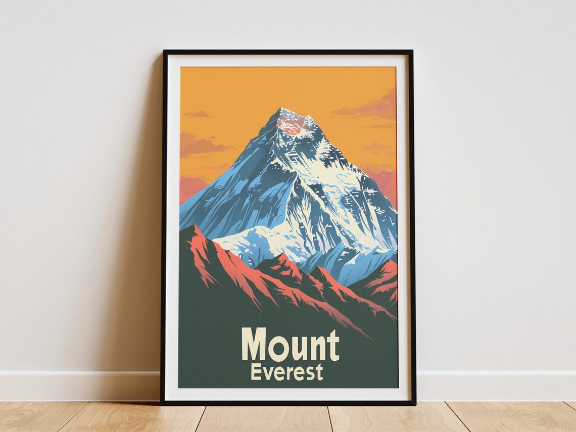Mount Everest Orange Sunset Sky Vintage Mountain Travel Poster