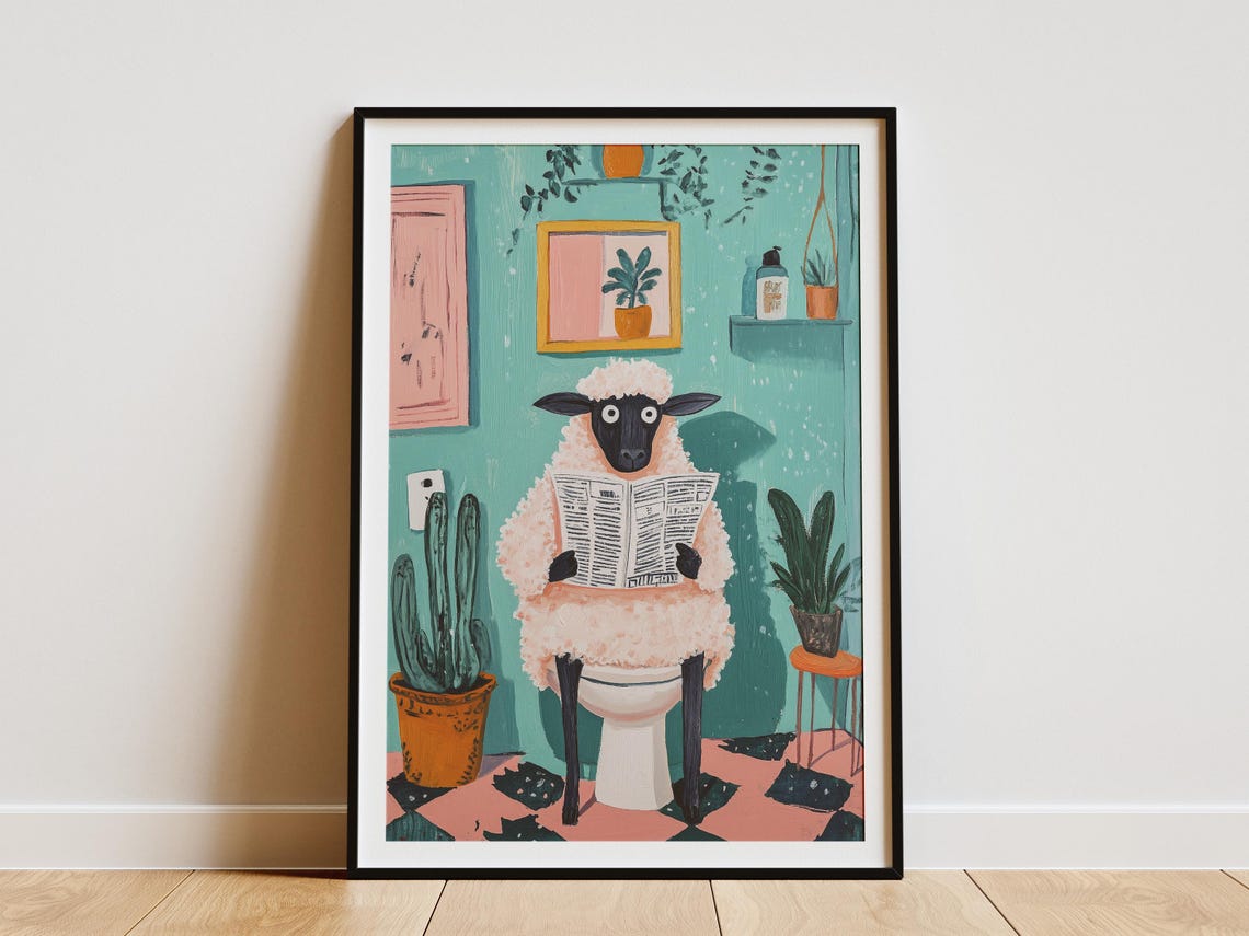 Sheep Reading Newspaper on Toilet Teal Tile Bathroom Fun Poster