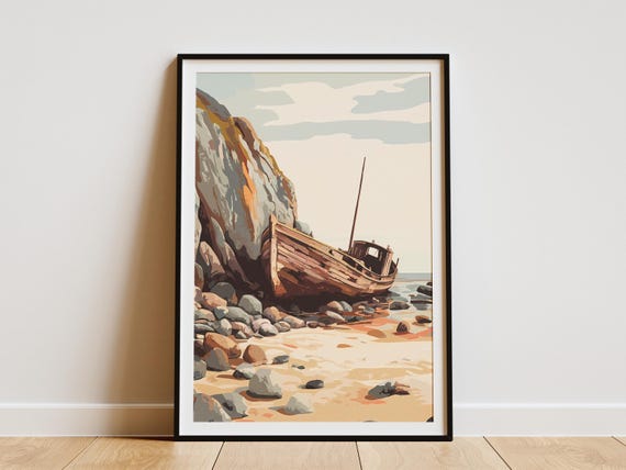 Beach Shipwreck Poster Nautical Wall Art Coastal Decor Ocean Print Vintage Boat Illustration Rocky Shore Scene Seaside Artwork Nautical