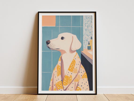 Dog In Bathrobe Painting Bathroom Print Modern Art Cute Poster Funny Canine Wall Decor Pet Lover Gift Animal Abstract