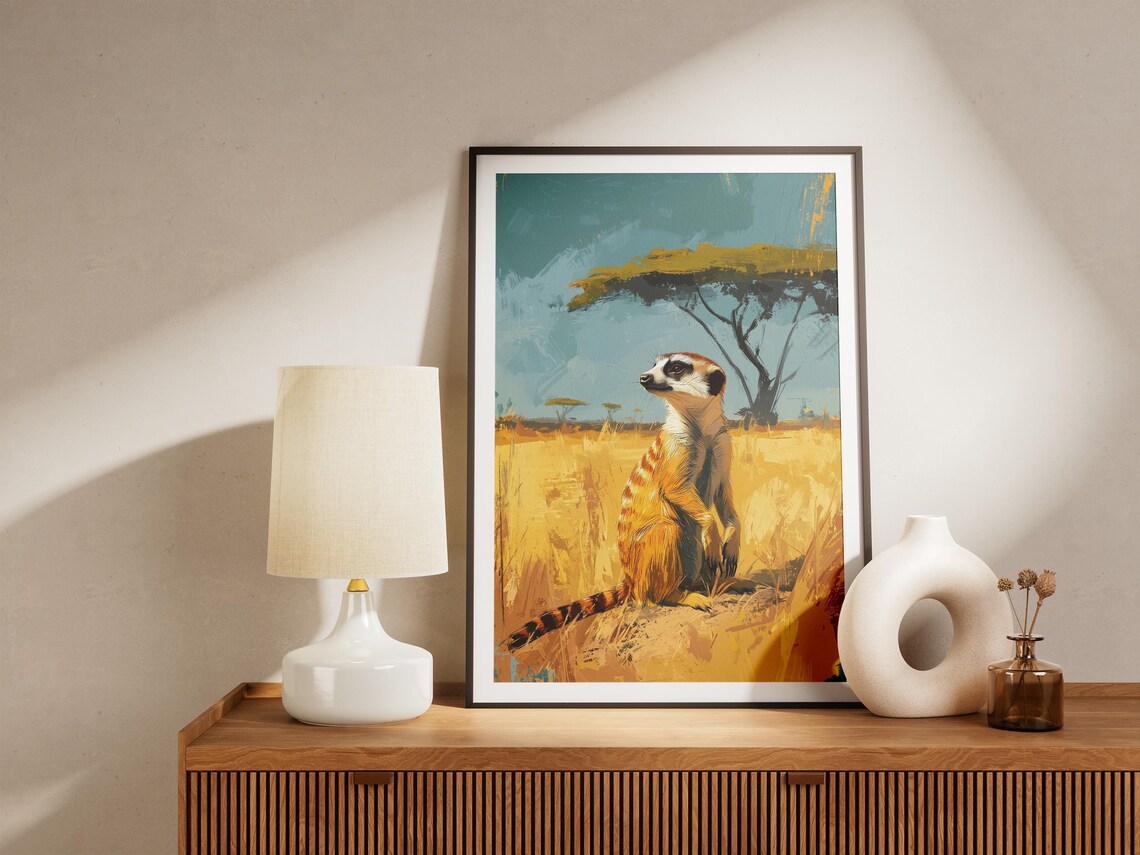 Alert Meerkat Standing in a Golden Savanna with Acacia Tree Poster - Image 4