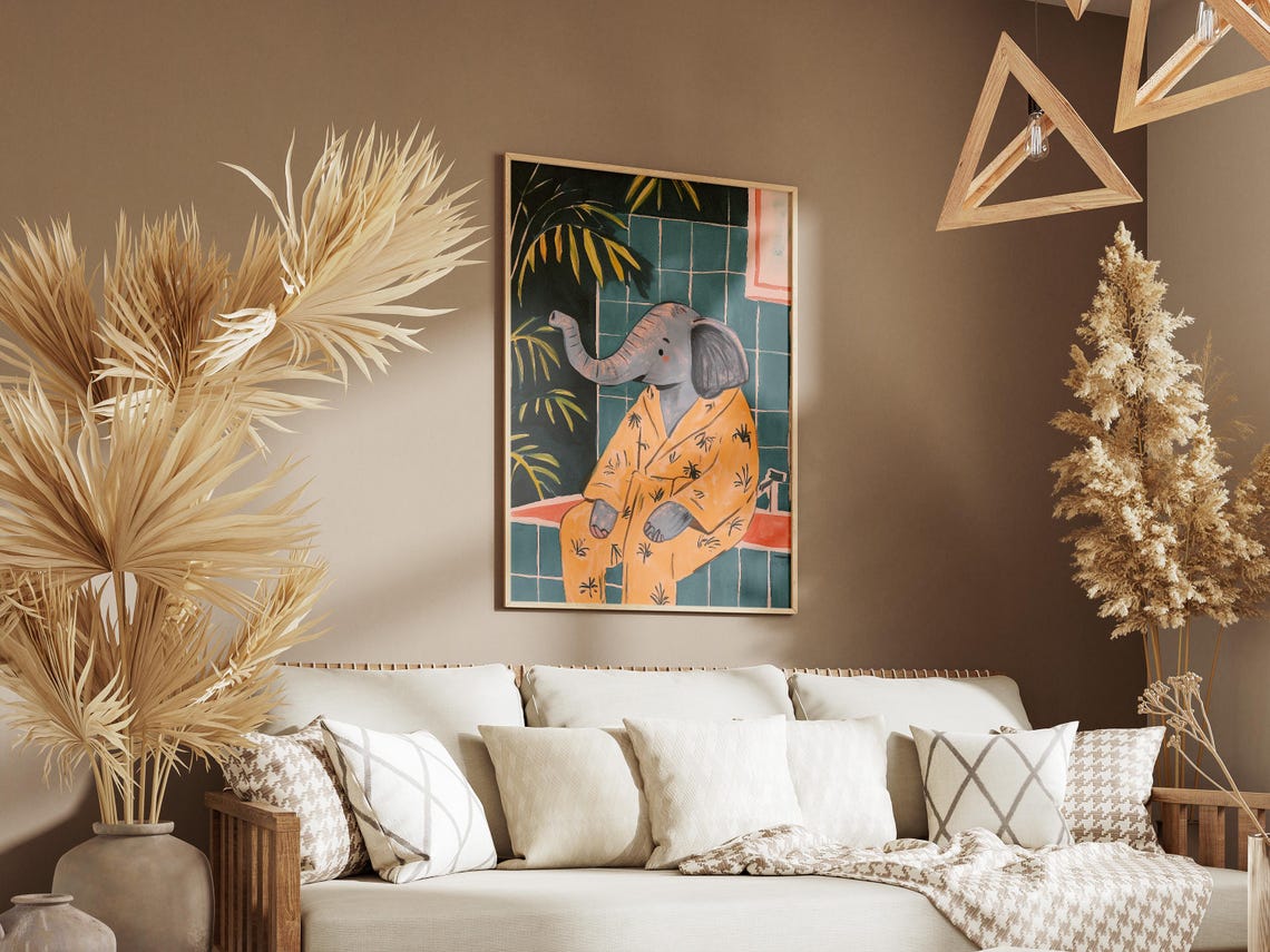 Baby Elephant in Yellow Robe Teal Bathroom Cute Animal Poster - Image 3