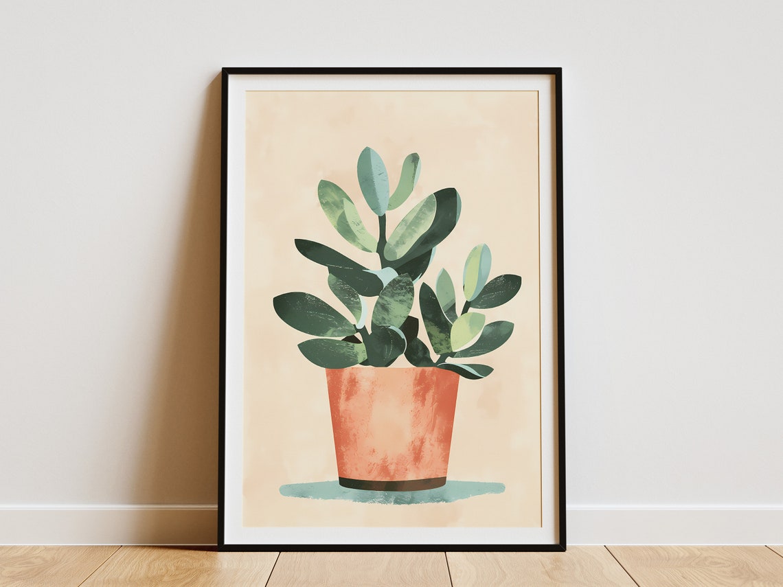 Minimalist Jade Plant Watercolor Botanical Green Leaves Print