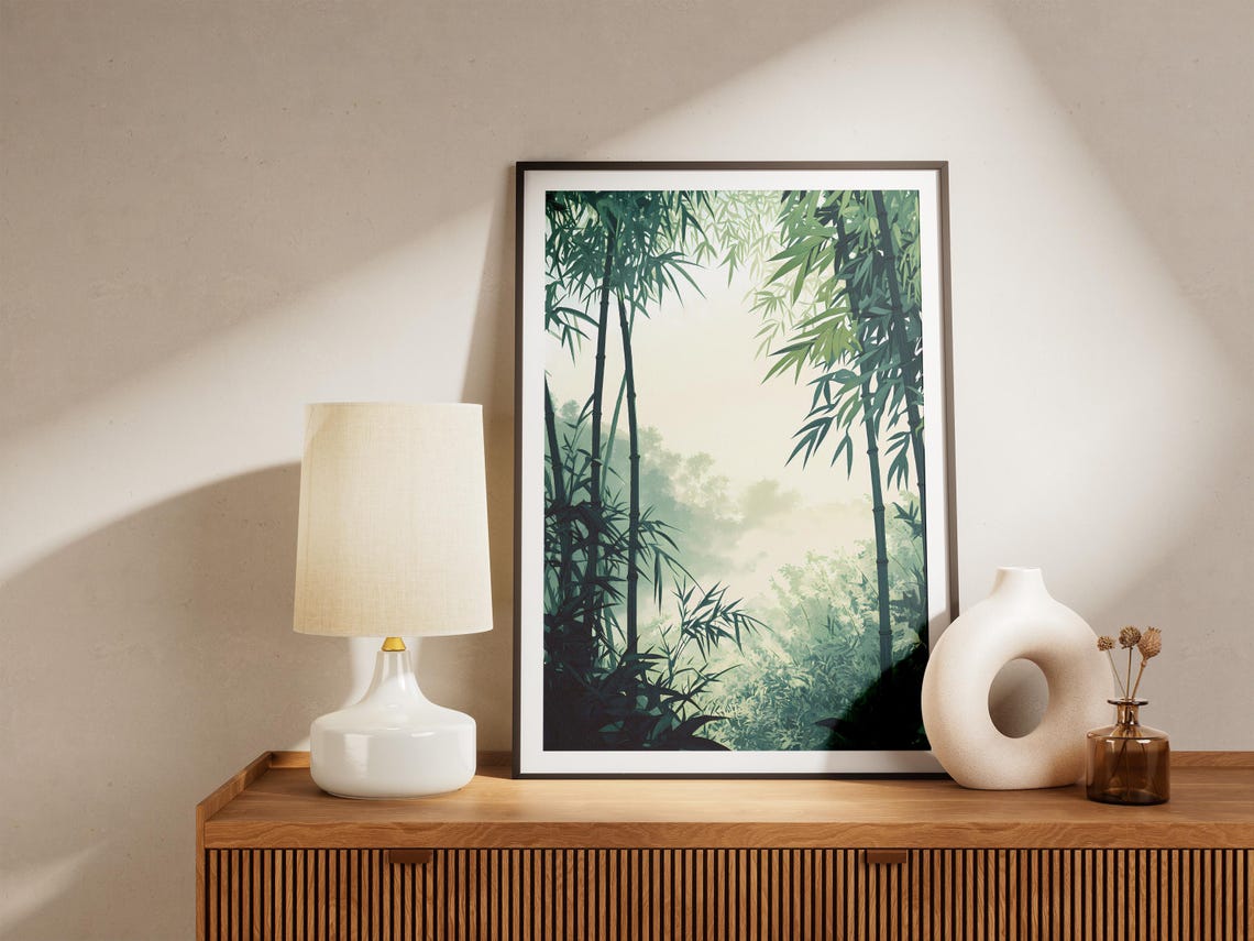 Misty Green Bamboo Forest Calm Zen Botanical Illustration Art Poster - Image 5
