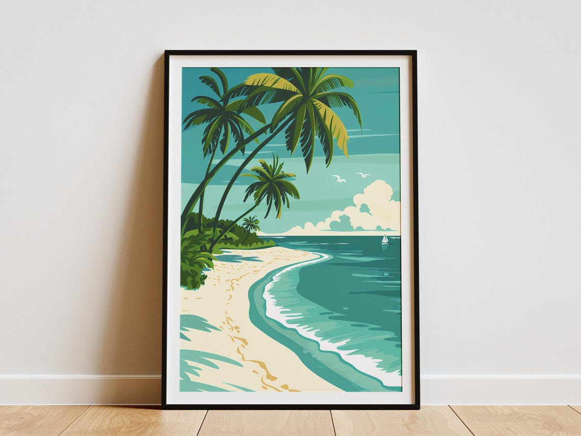 Tropical Sandy Beach Palm Trees Turquoise Ocean Vacation Poster