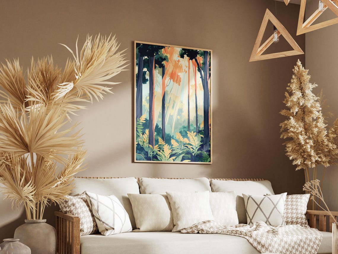 Sunlight Streaming Through Tall Pine Forest Fern Floor Poster - Image 3