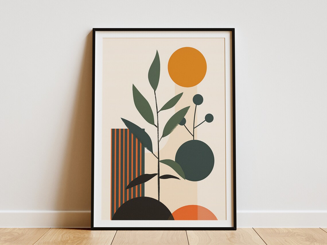 Minimalist Botanical Plant Sprig With Golden Sun Modern Art Poster