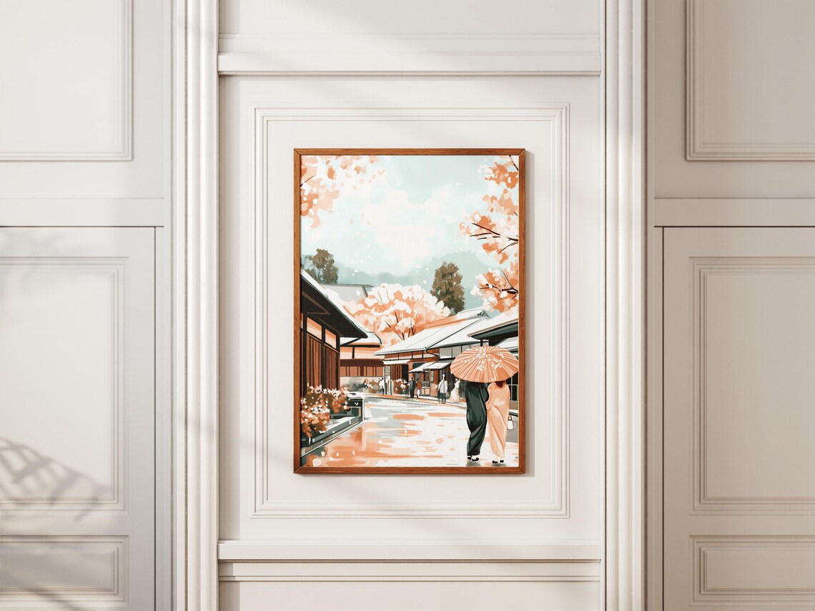 Japanese Village Street Poster Cherry Blossom Art Print Pink Peach Minimalist Landscape Asian Town Scene Watercolor Style Modern Home Decor - Image 2