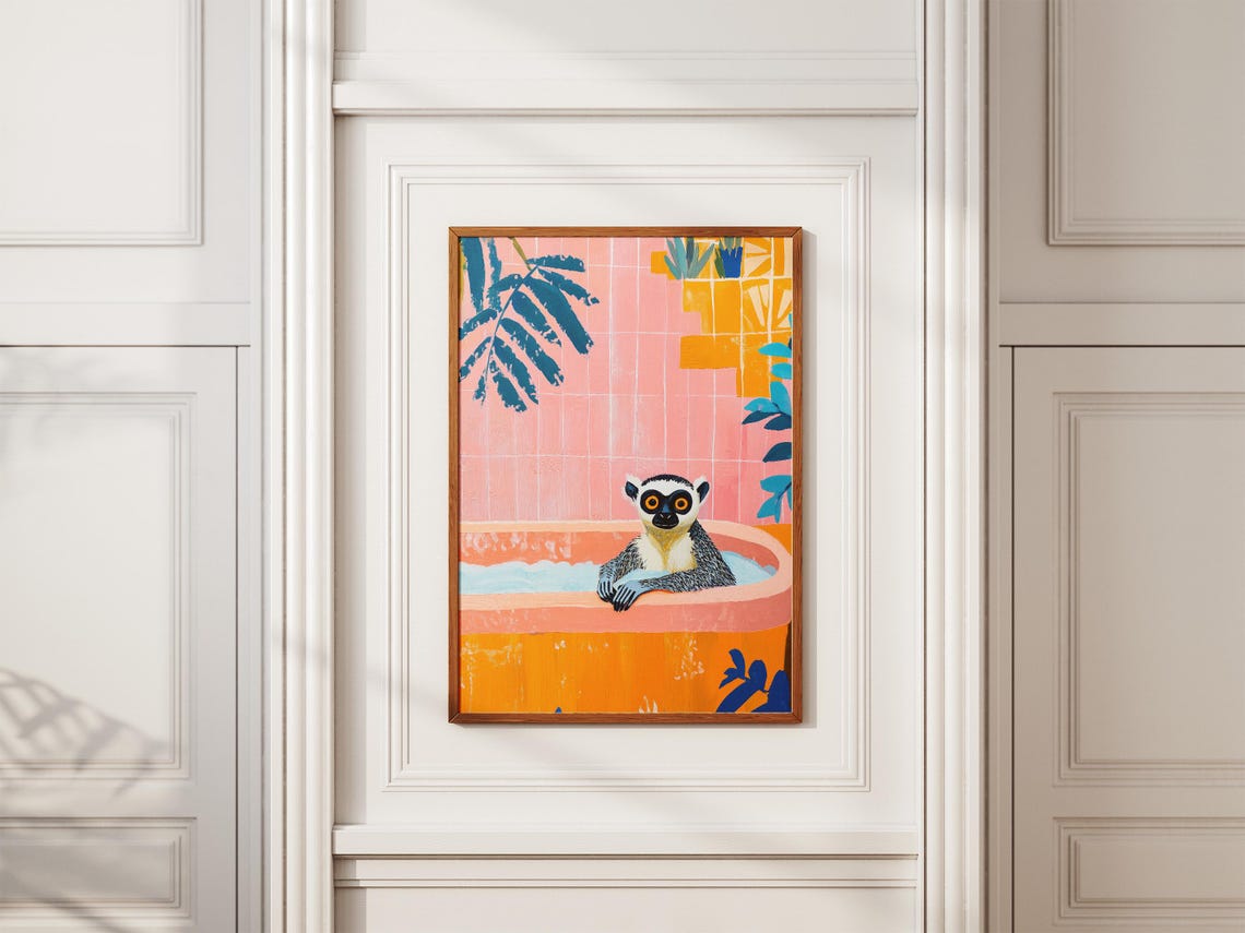Ring Tailed Lemur in Bathtub Pink Bathroom Funny Animal Poster - Image 2