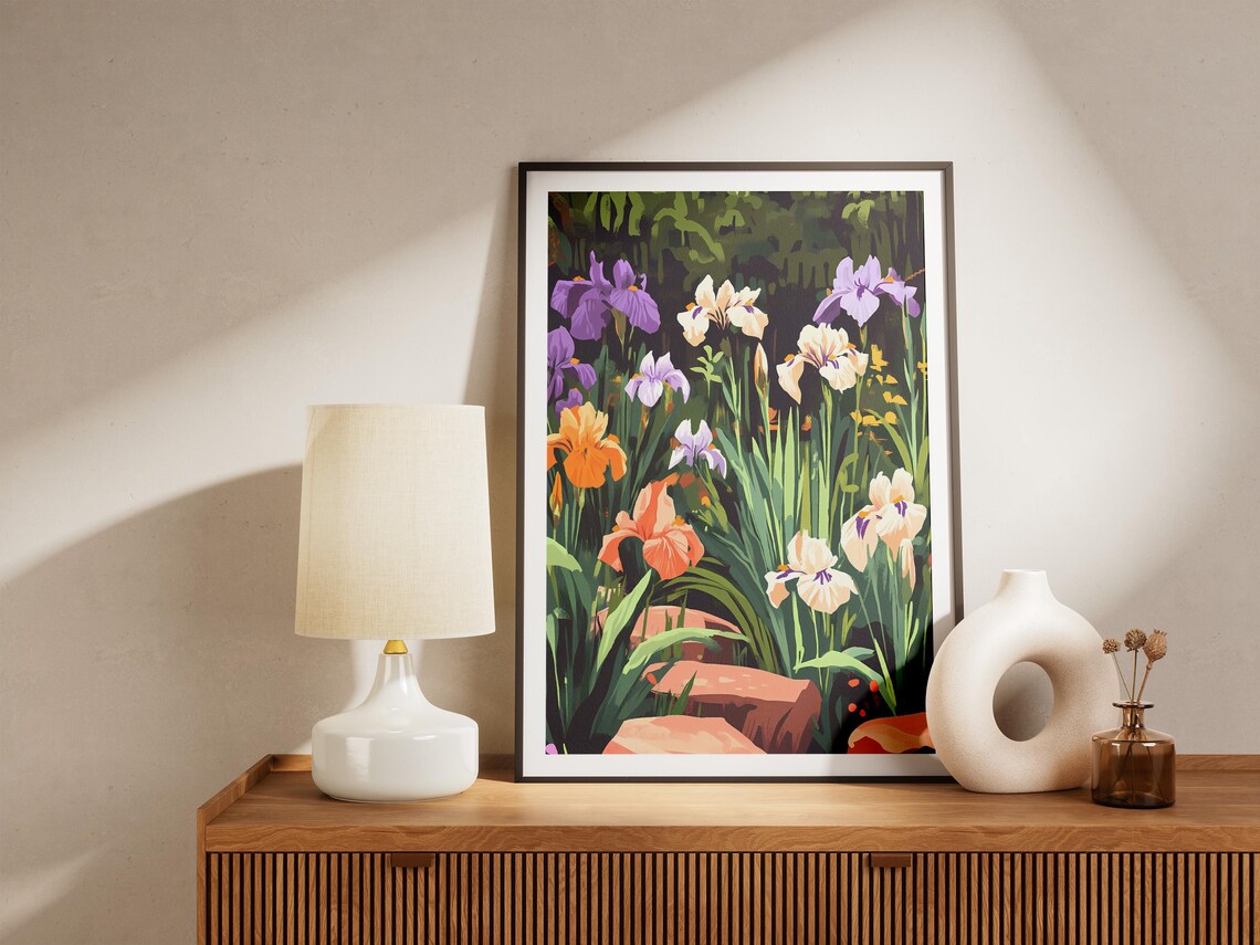 Multicolor Iris Garden Bed Poster With Purple White and Orange Blooms - Image 5