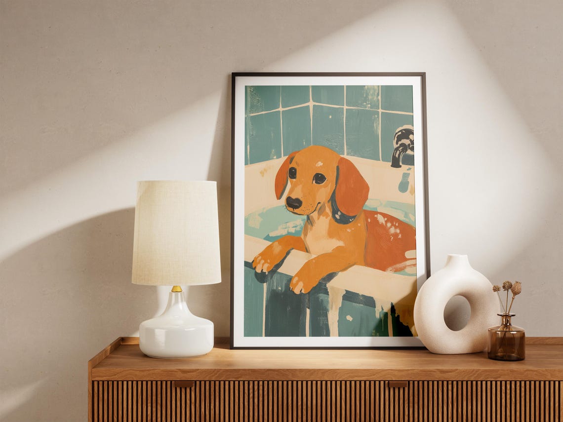 Dachshund Puppy in Bathtub Bubble Bath Cute Bathroom Dog Art Poster - Image 4